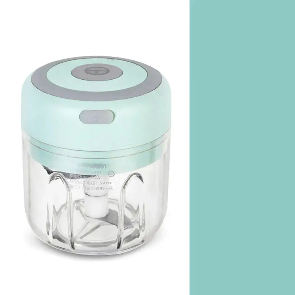 Usb electric mini food chopper and garlic mincer in mint green and gray with a clear glass bowl for efficient chopping