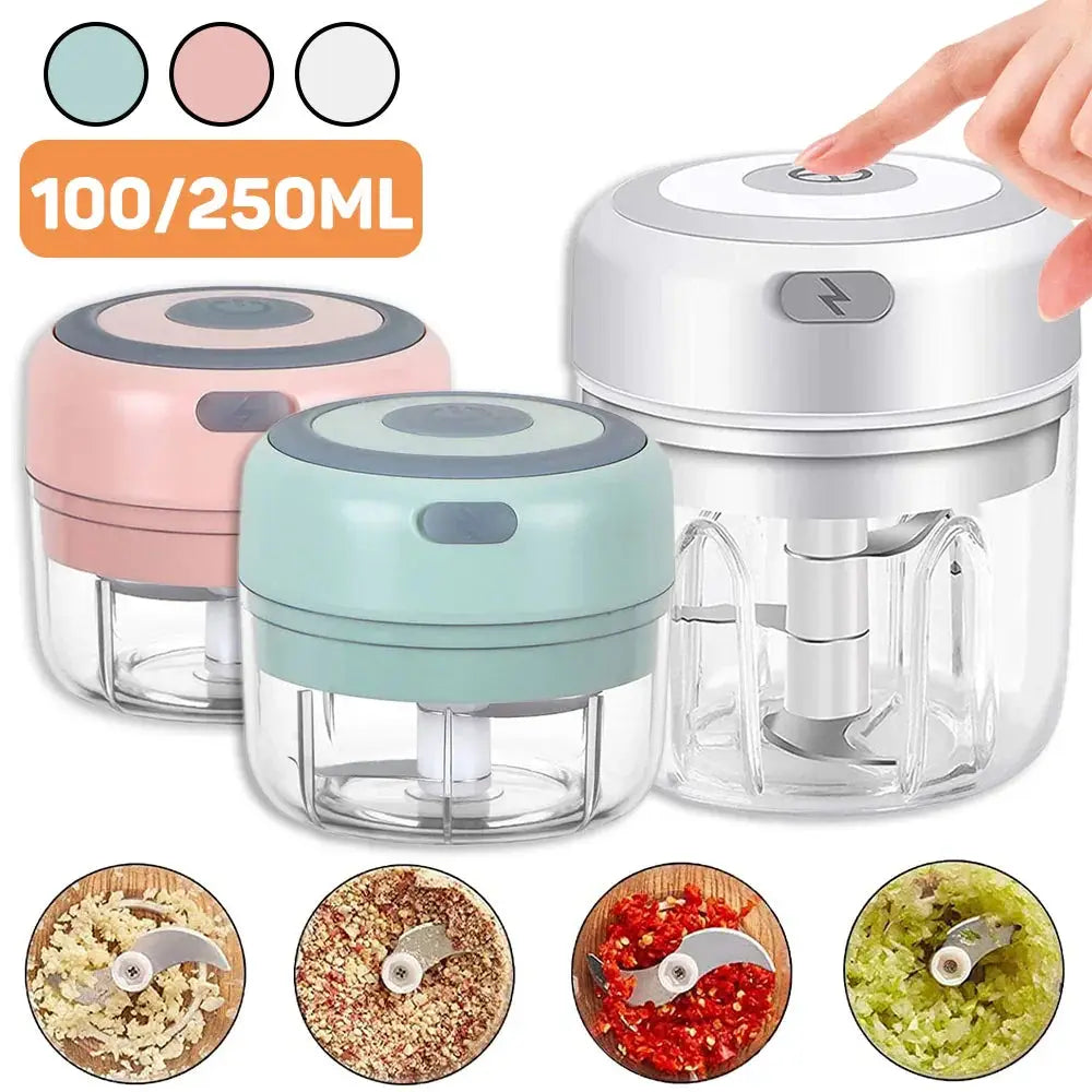 Compact usb electric mini food chopper and garlic mincer in pastel pink mint green and white with clear plastic containers