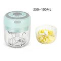 Usb electric mini food chopper and garlic mincer in mint green and gray with clear glass container and removable cutting bowl