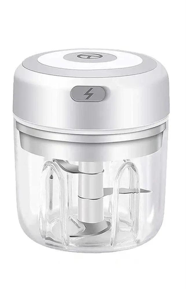 Usb electric mini food chopper in white with clear plastic bowl and metallic blades for garlic mincing and food chopping