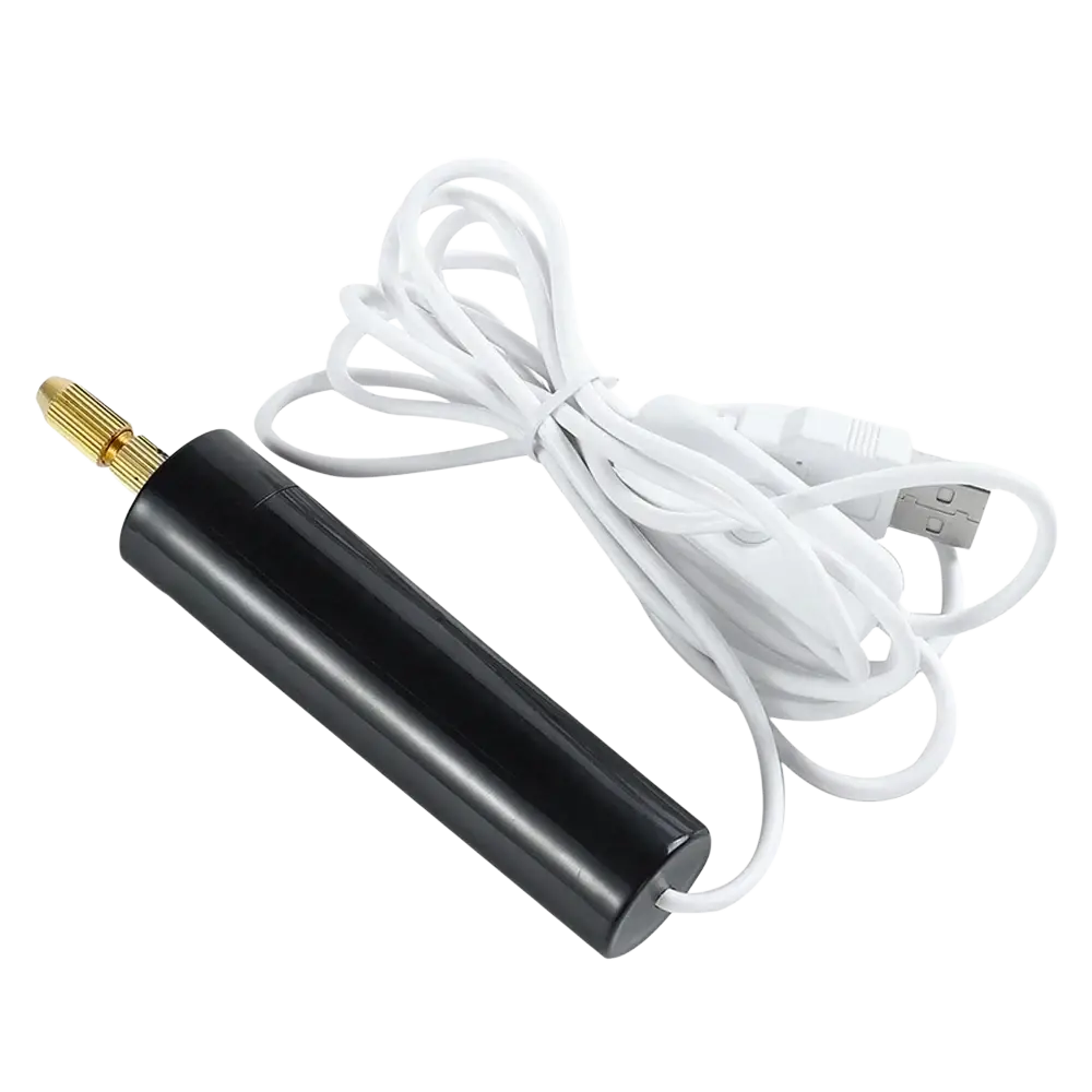 Black usb charging cable with gold connector and white coiled cord for mini electric handheld drill diy resin jewelry crafts