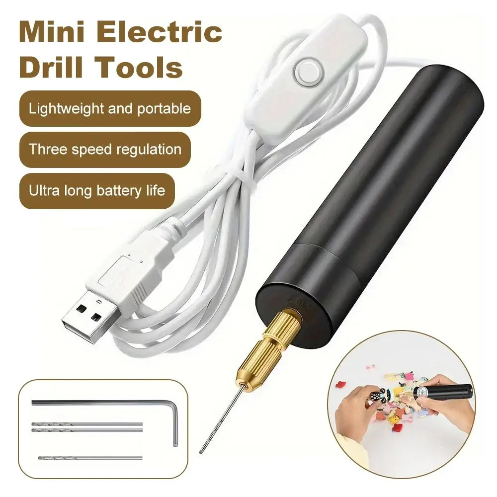 Black cylindrical mini electric handheld drill with gold chuck and usb cable for diy resin jewelry crafts