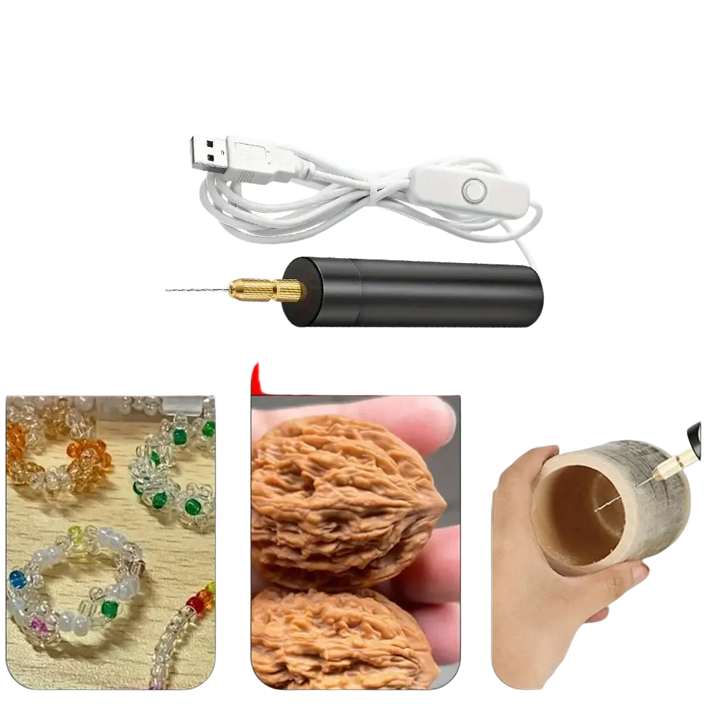 Mini electric handheld drill in black and gold with usb power and white cable for diy resin jewelry crafts and intricate tasks