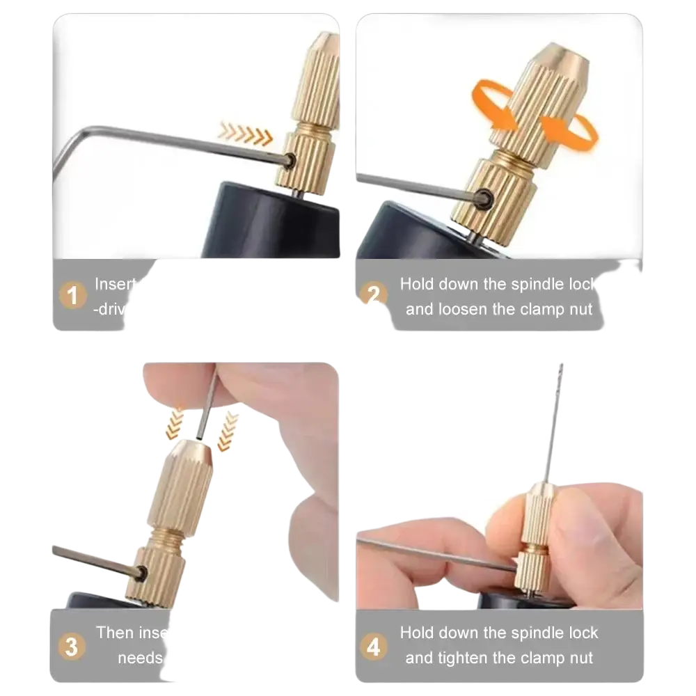 Gold-colored brass drill bit holder with hexagonal screwdriver interface and threaded clamp nut for mini electric handheld drill