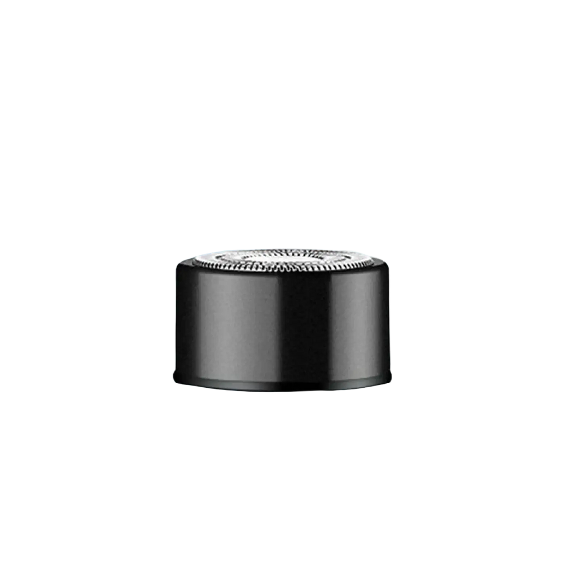Black cylindrical replacement shaving head with silver metallic cutting surface for mini electric shaver with fast charging time
