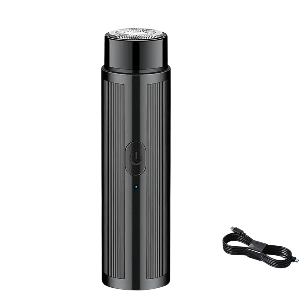 Black sleek mini electric shaver with vertical ridged texture and power button ideal for fast charging time