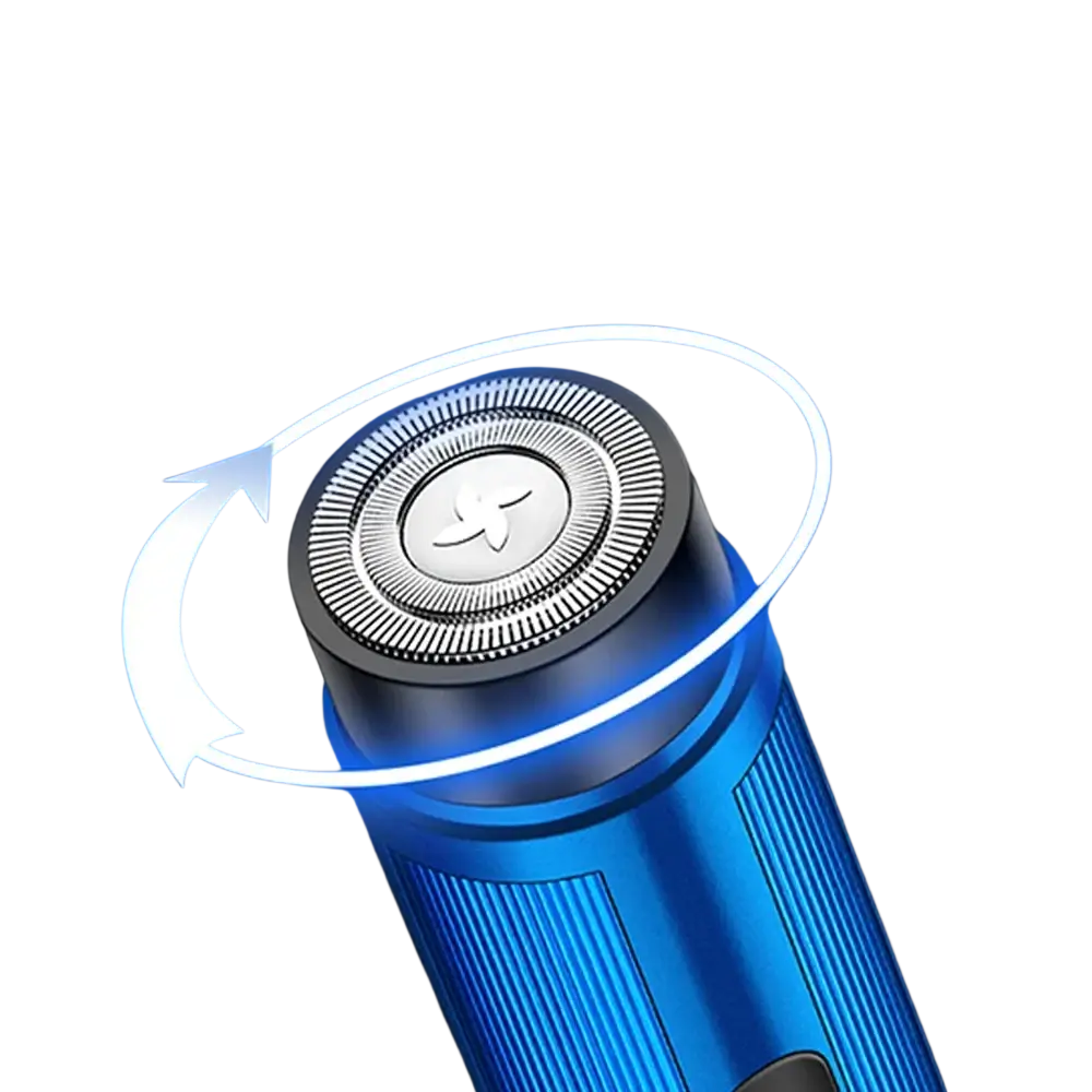 Blue mini electric shaver with silver metallic shaving head and textured grip designed for efficient charging time