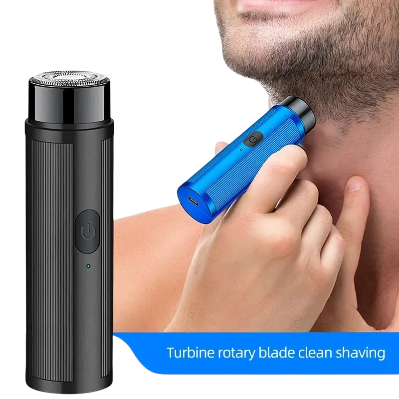 Blue and black mini electric shaver with textured grip and power button designed for efficient charging time and rotary shaving