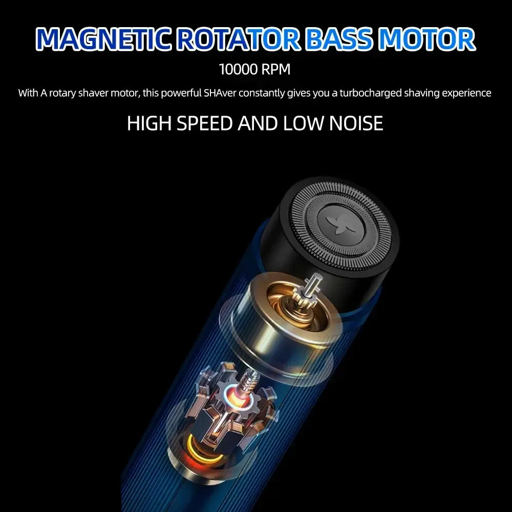 Blue mini electric shaver with magnetic rotator bass motor and metallic black components designed for optimal charging time