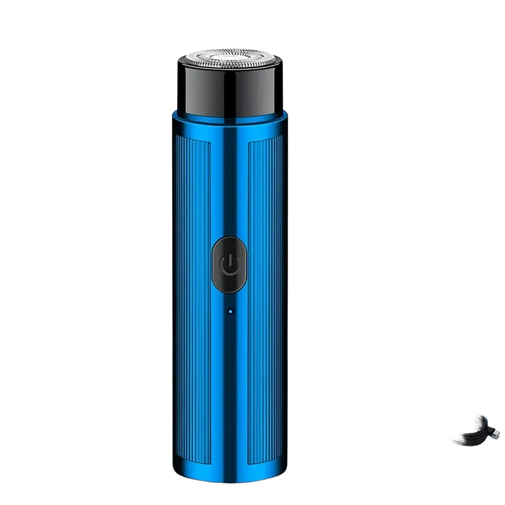 Blue metallic mini electric shaver with black power button and silver rotary cutting head showing charging time feature