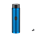 Blue metallic mini electric shaver with black power button and silver rotary cutting head showing charging time feature