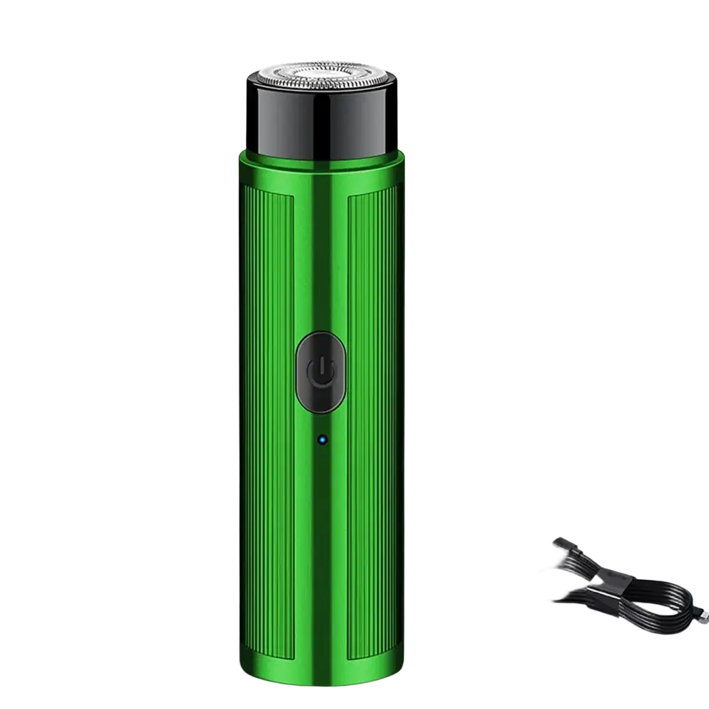 Green metallic mini electric shaver with silver rotary razor head and black power button designed for quick charging time