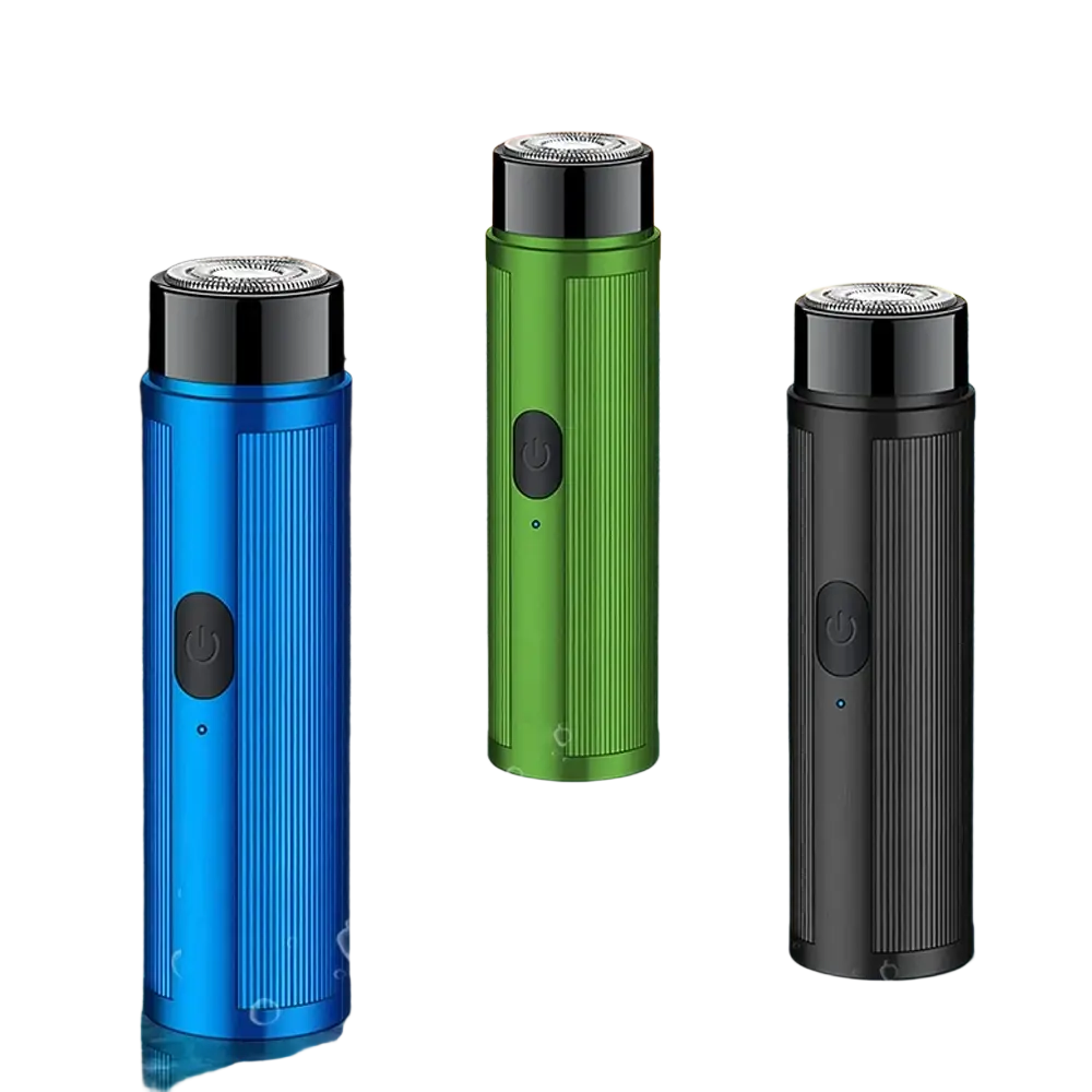 Three sleek mini electric shavers in blue green and black with ribbed metallic bodies and quick charging time features