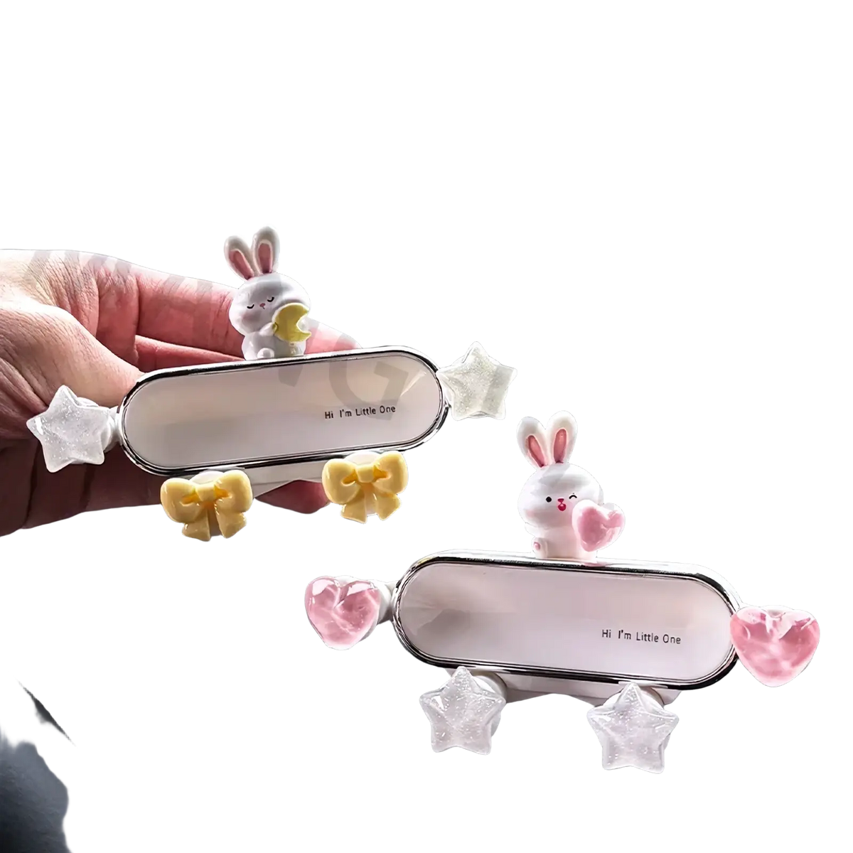 Mini ev phone mount bunny design featuring a cute white bunny-themed car mirror holder with clear star and yellow pink bow accents