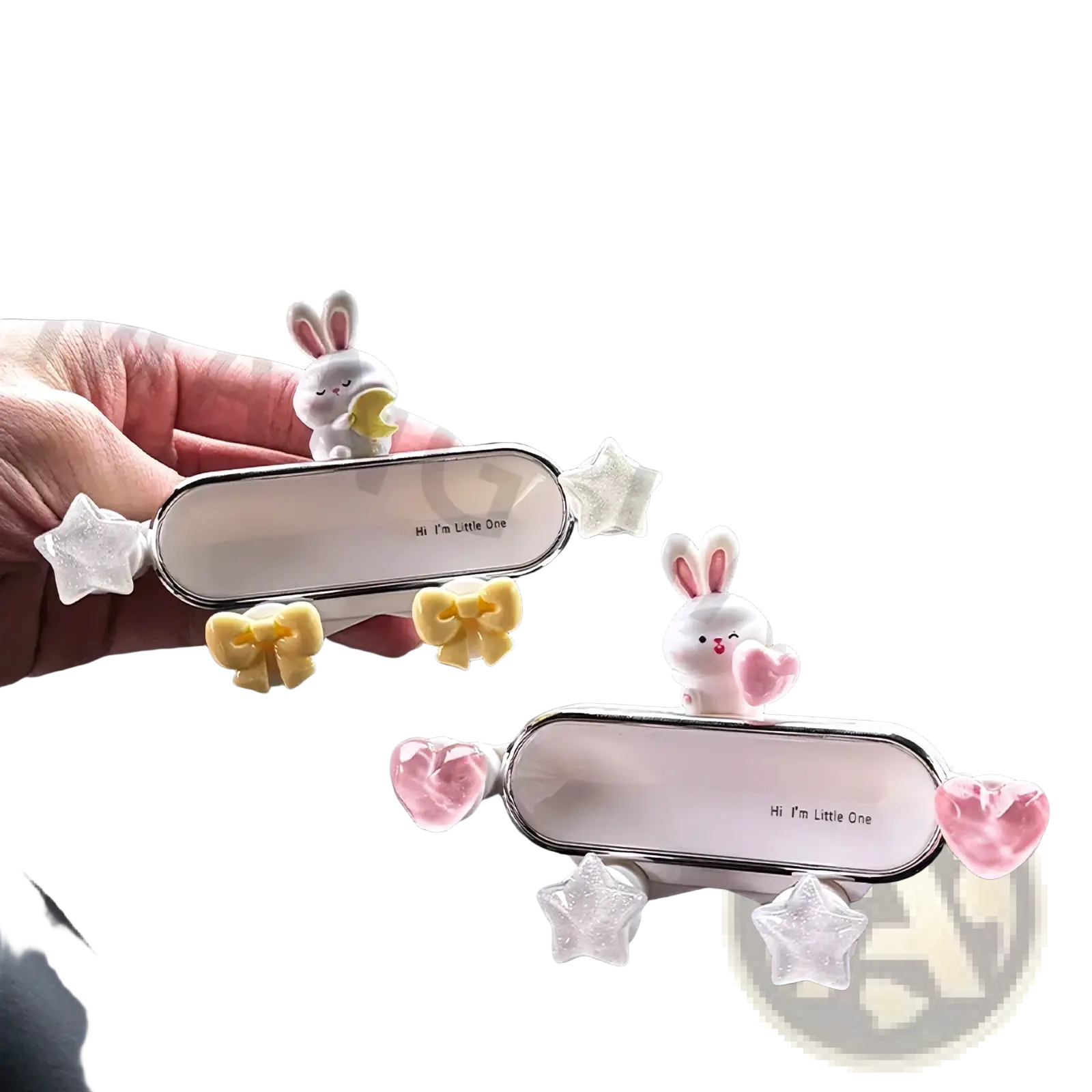 Mini ev phone mount bunny design featuring a cute white bunny-themed car mirror holder with clear star and yellow pink bow accents