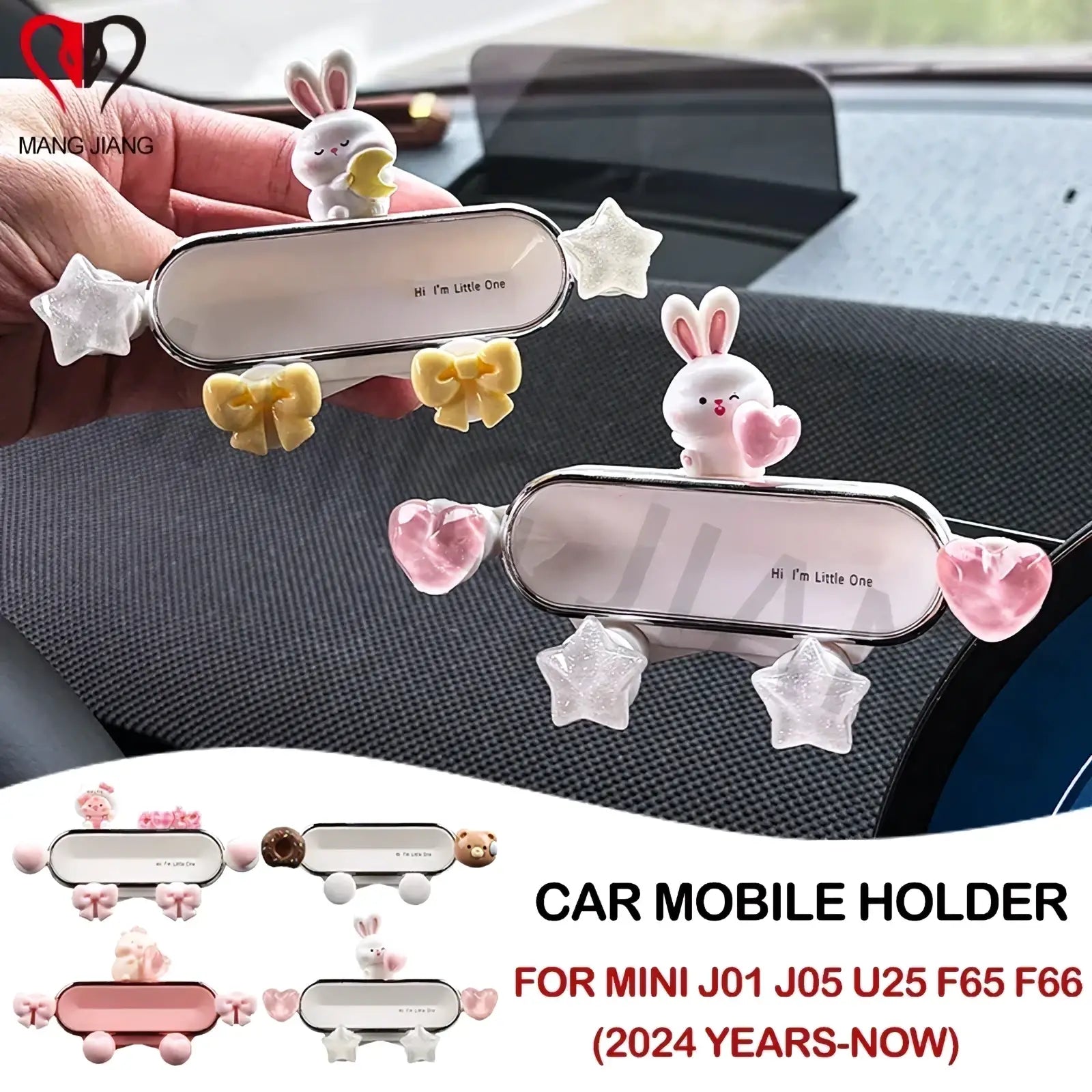 Mini ev phone mount bunny design featuring a white bunny-themed car mobile holder with glossy silver frame and pastel decorations