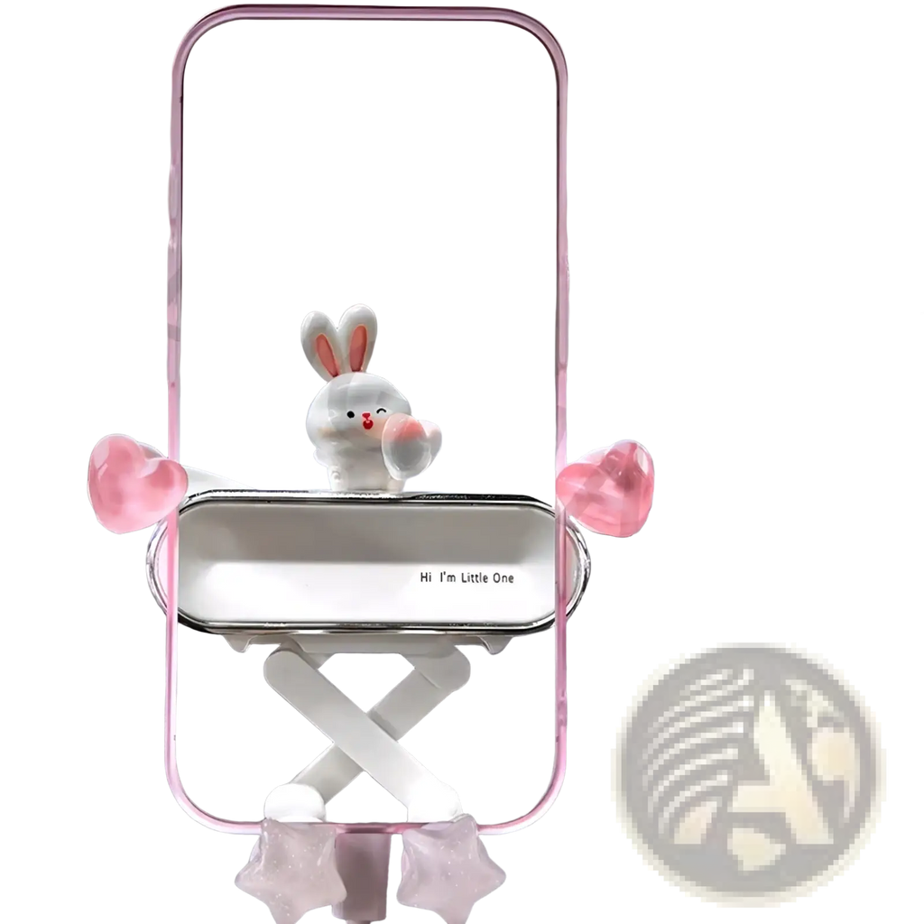 Pink and white foldable mini ev phone mount with bunny design holding heart-shaped accessories for desk use