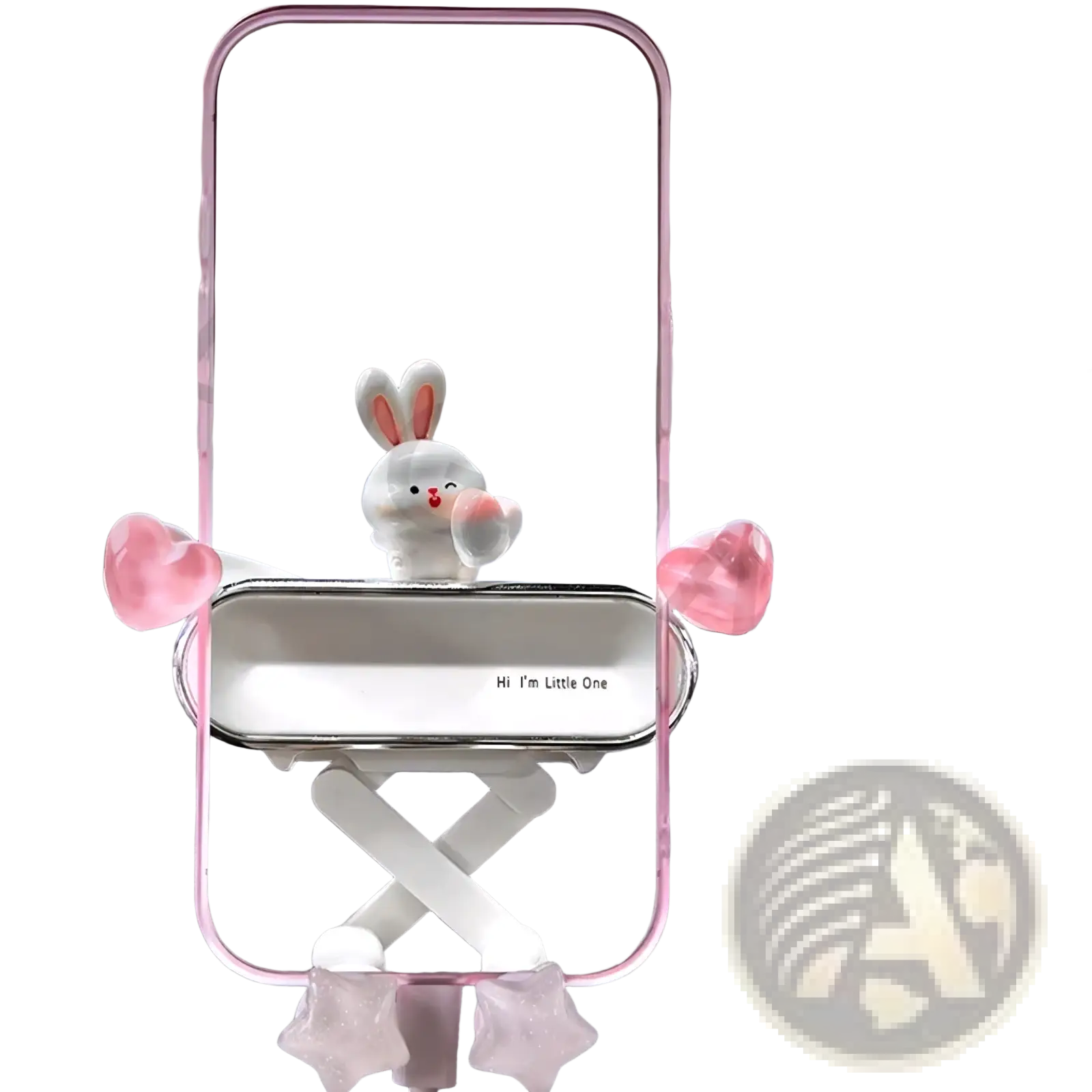 Pink and white foldable mini ev phone mount with bunny design holding heart-shaped accessories for desk use