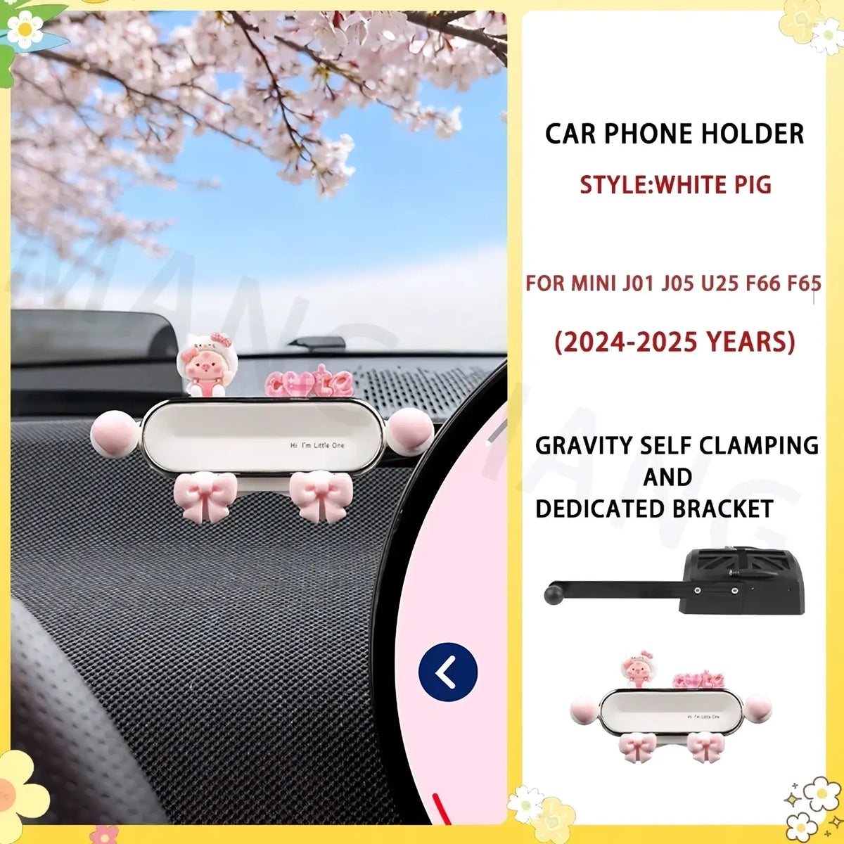 Mini ev phone mount bunny design pink and white pig-themed car phone holder with soft silicone grips