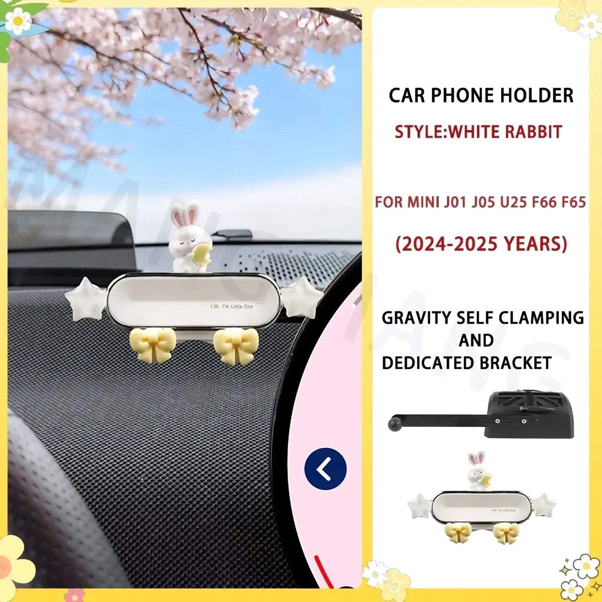 White rabbit-themed mini EV phone mount in white plastic with star and bow decorations for car use