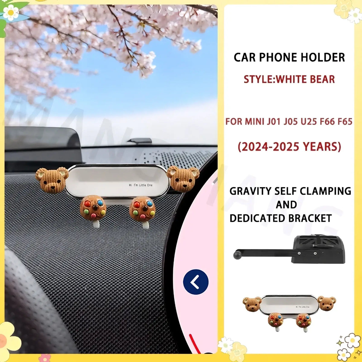 Mini ev phone mount bunny design featuring white bear-themed car phone holder with knitted faces and colorful candy accents