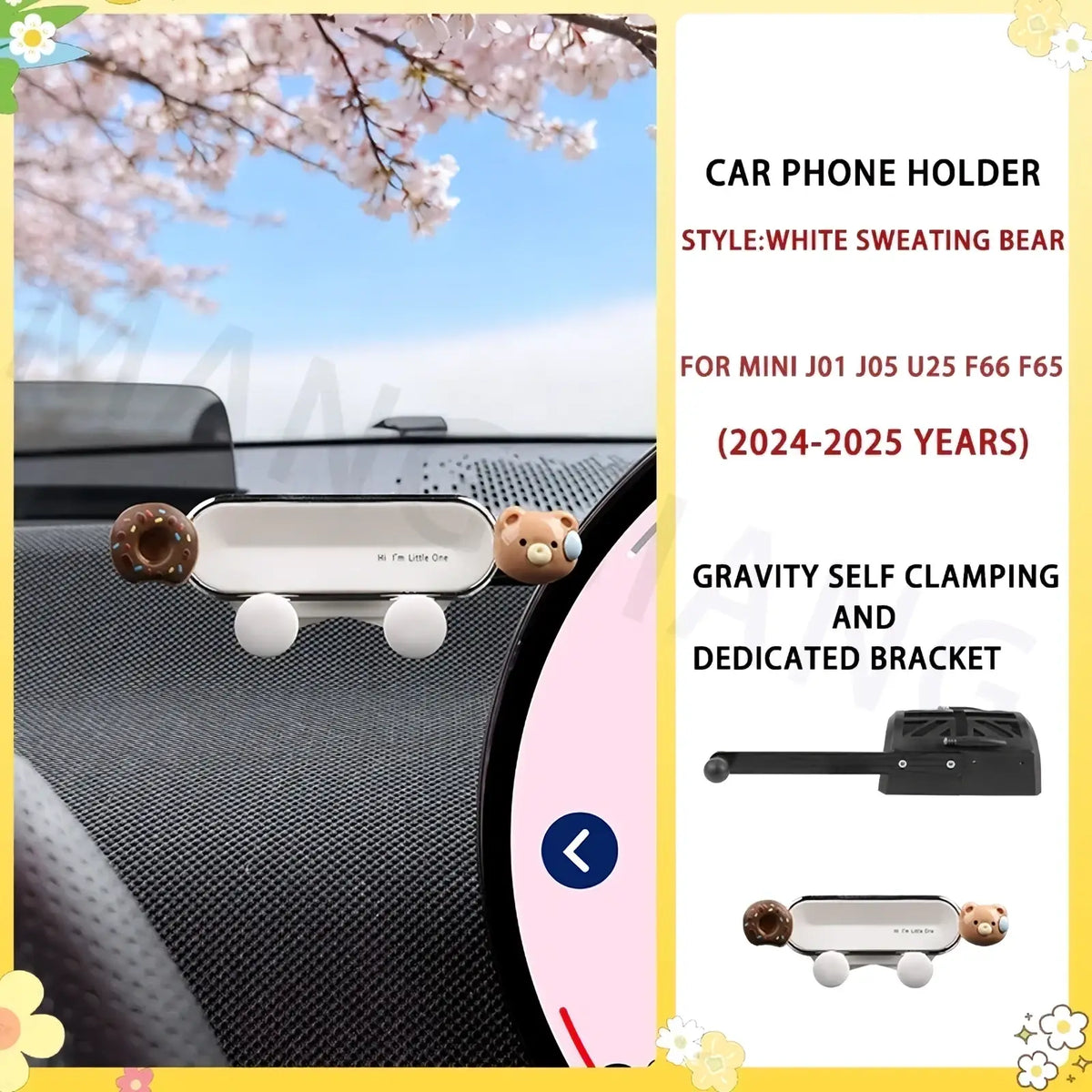 White sweating bear car phone holder with donut and ball accents mini ev phone mount bunny design for dashboard use