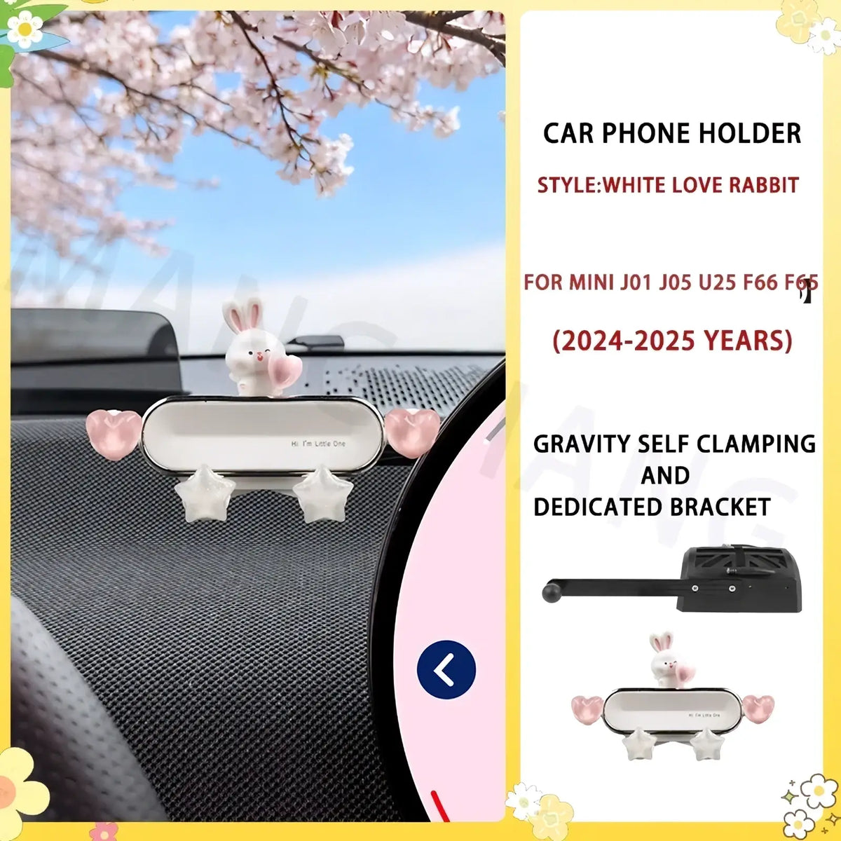 Mini ev phone mount bunny design featuring a white love rabbit car phone holder with pink heart accents and star clamps