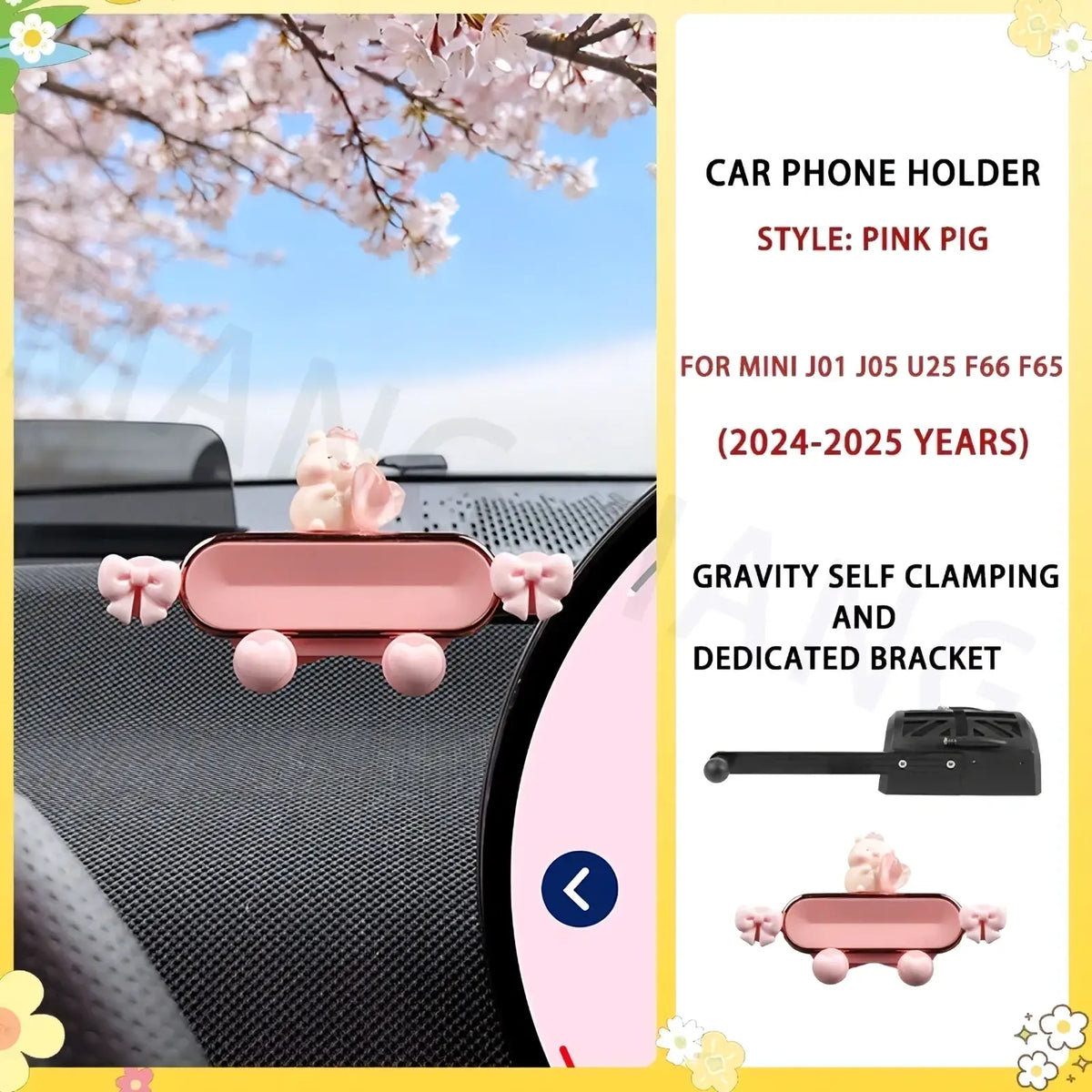 Mini Ev Phone Mount bunny design pink pig-themed car phone holder with glossy finish and cute bow details
