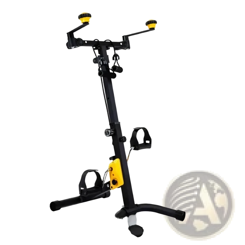 Black and yellow adjustable mini exercise bike with padded footrests and handlebars for upper and lower limb training