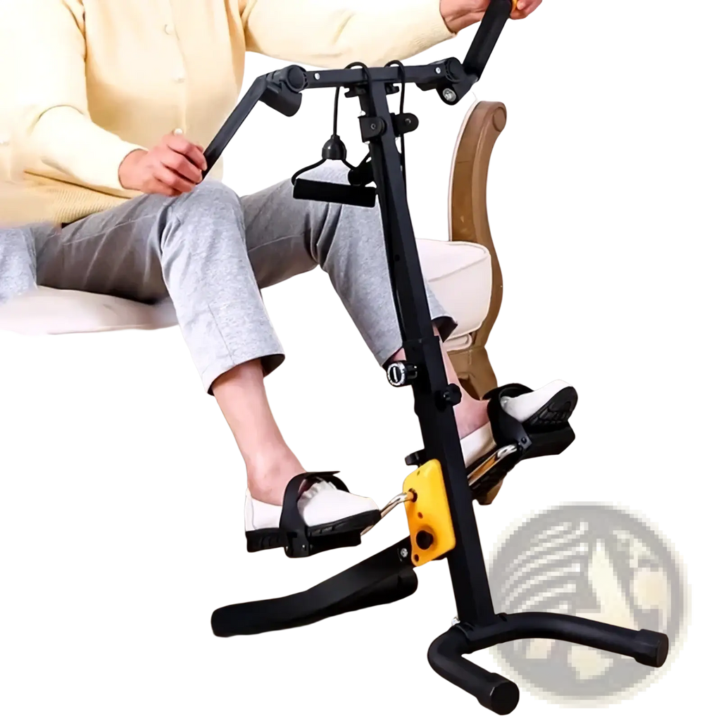 Mini exercise bike upper and lower limb trainer in black and yellow with adjustable handlebars and foot pedals for seated use