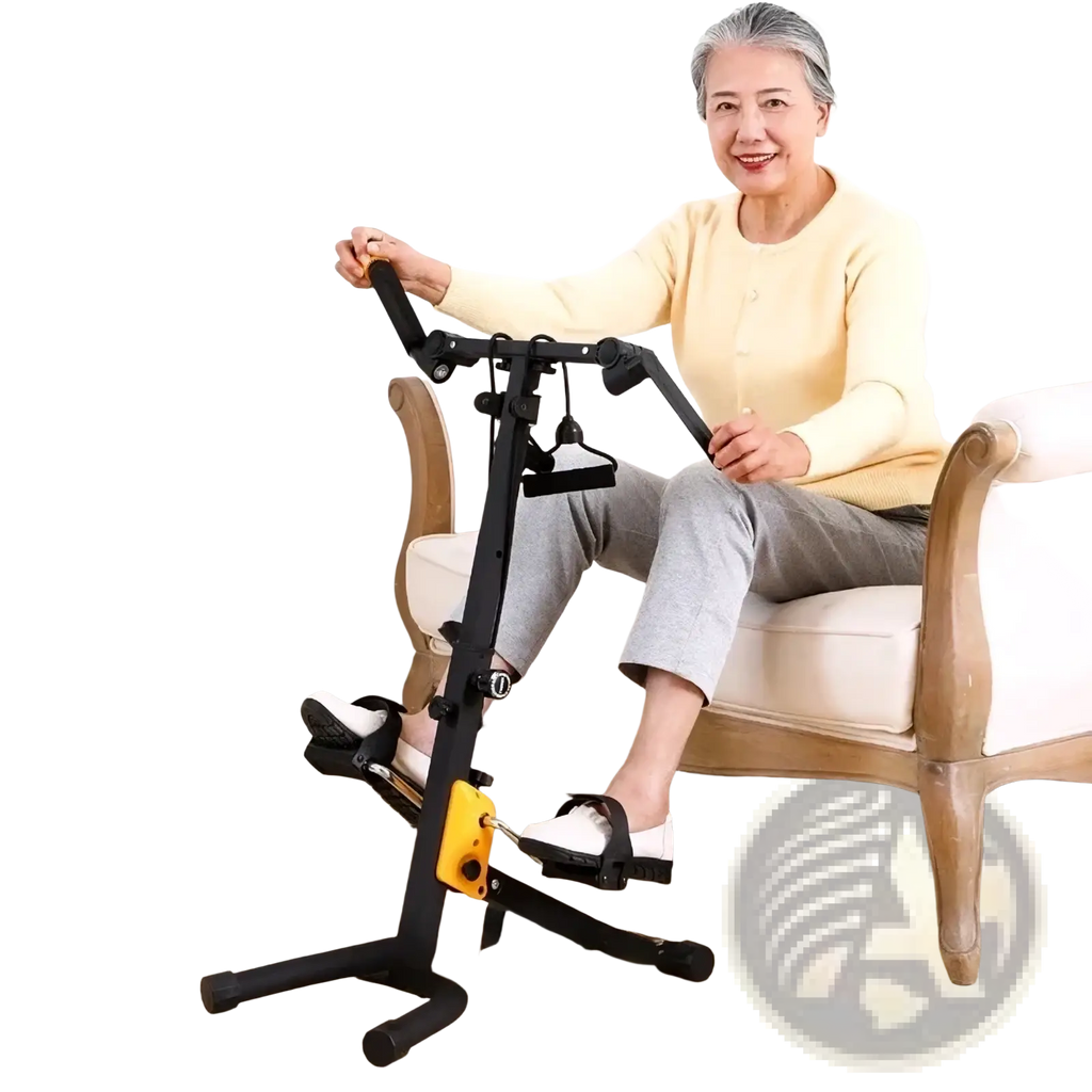 Black and yellow mini exercise bike with adjustable armrests and foot pedals for upper and lower limb training