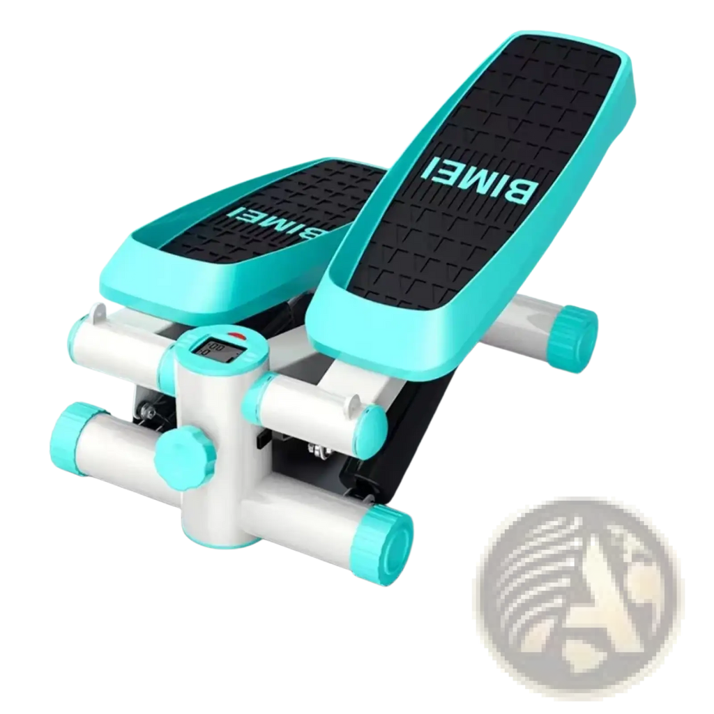 Teal and white bimei mini fitness stepper with black textured footpads and resistance bands for home workouts