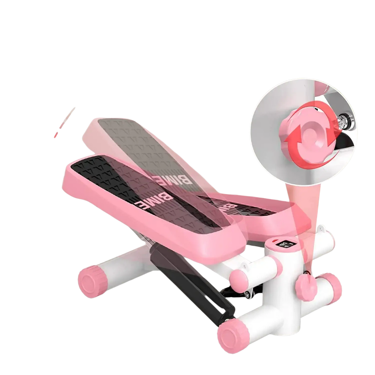 Mini fitness stepper with resistance bands featuring pink and white adjustable frame and black textured footpads