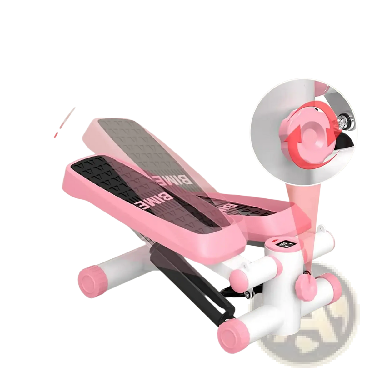 Mini fitness stepper with resistance bands featuring pink and white adjustable frame and black textured footpads