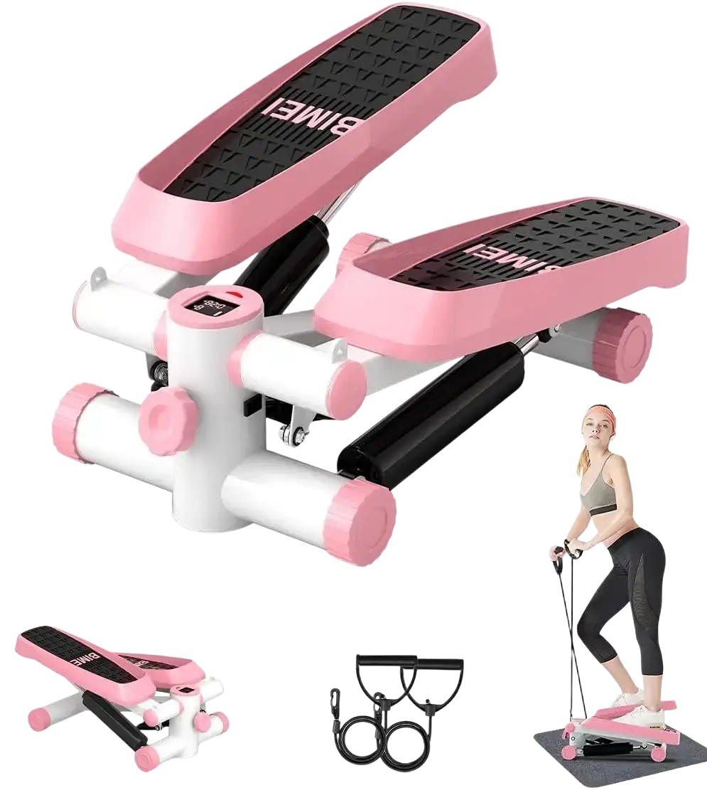 Mini fitness stepper with resistance bands featuring pink and white bimei brand compact design and black textured footpads