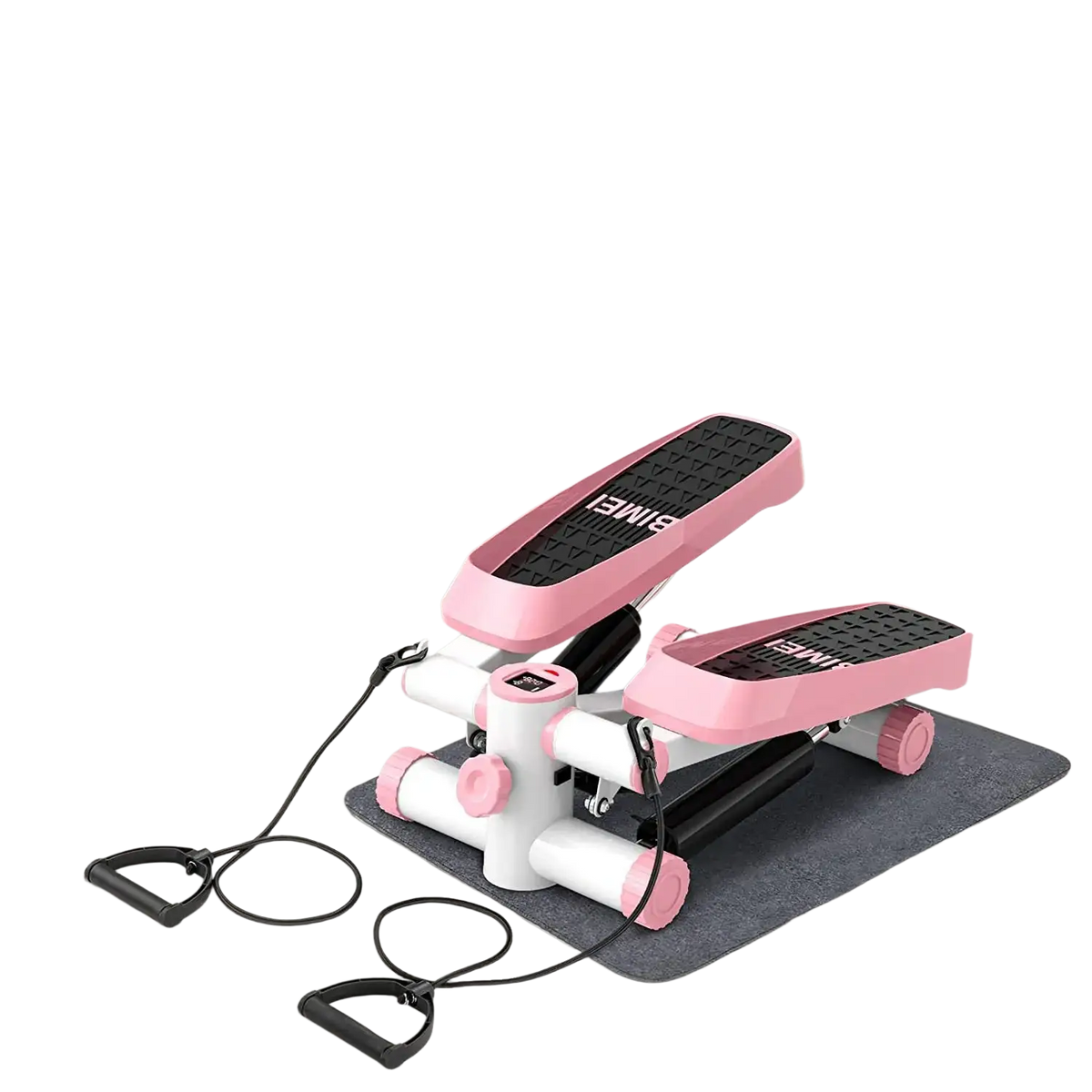 Pink and white Bimei Mini Fitness Stepper with resistance bands featuring black textured footpads for exercise use