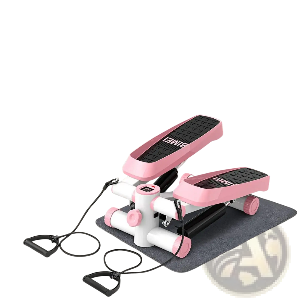 Pink and white Bimei Mini Fitness Stepper with resistance bands featuring black textured footpads for exercise use