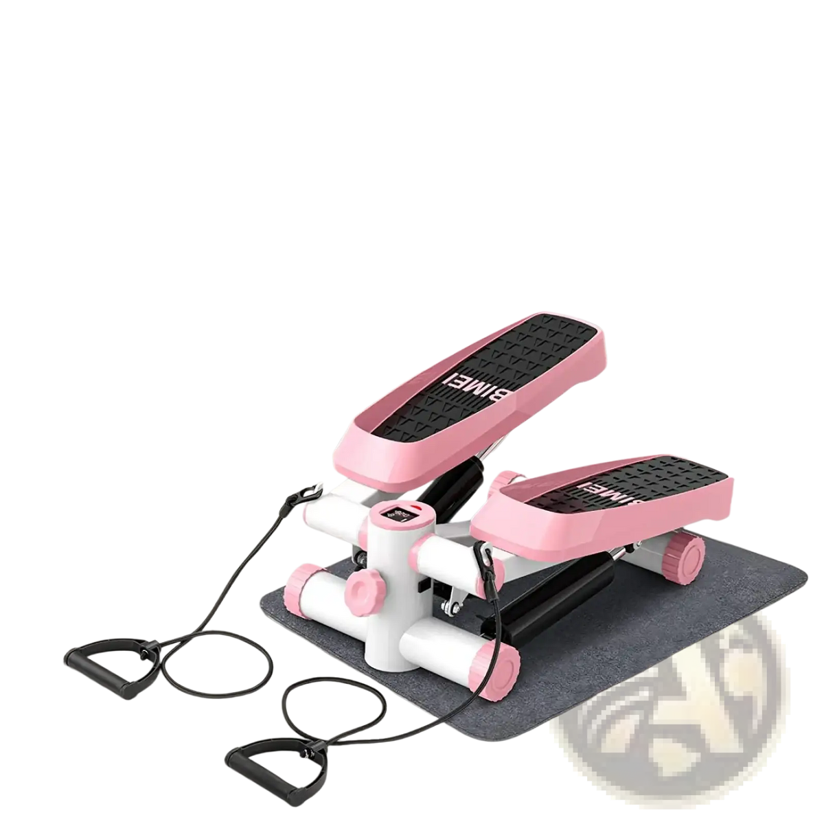 Pink and white Bimei Mini Fitness Stepper with resistance bands featuring black textured footpads for exercise use