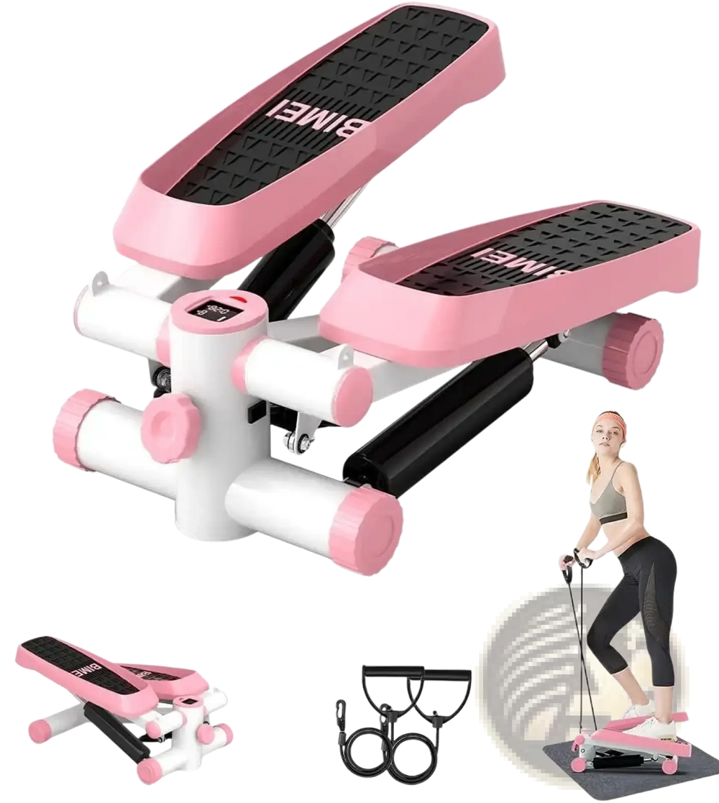 Mini fitness stepper with resistance bands featuring pink and white bimei brand compact design and black textured footpads
