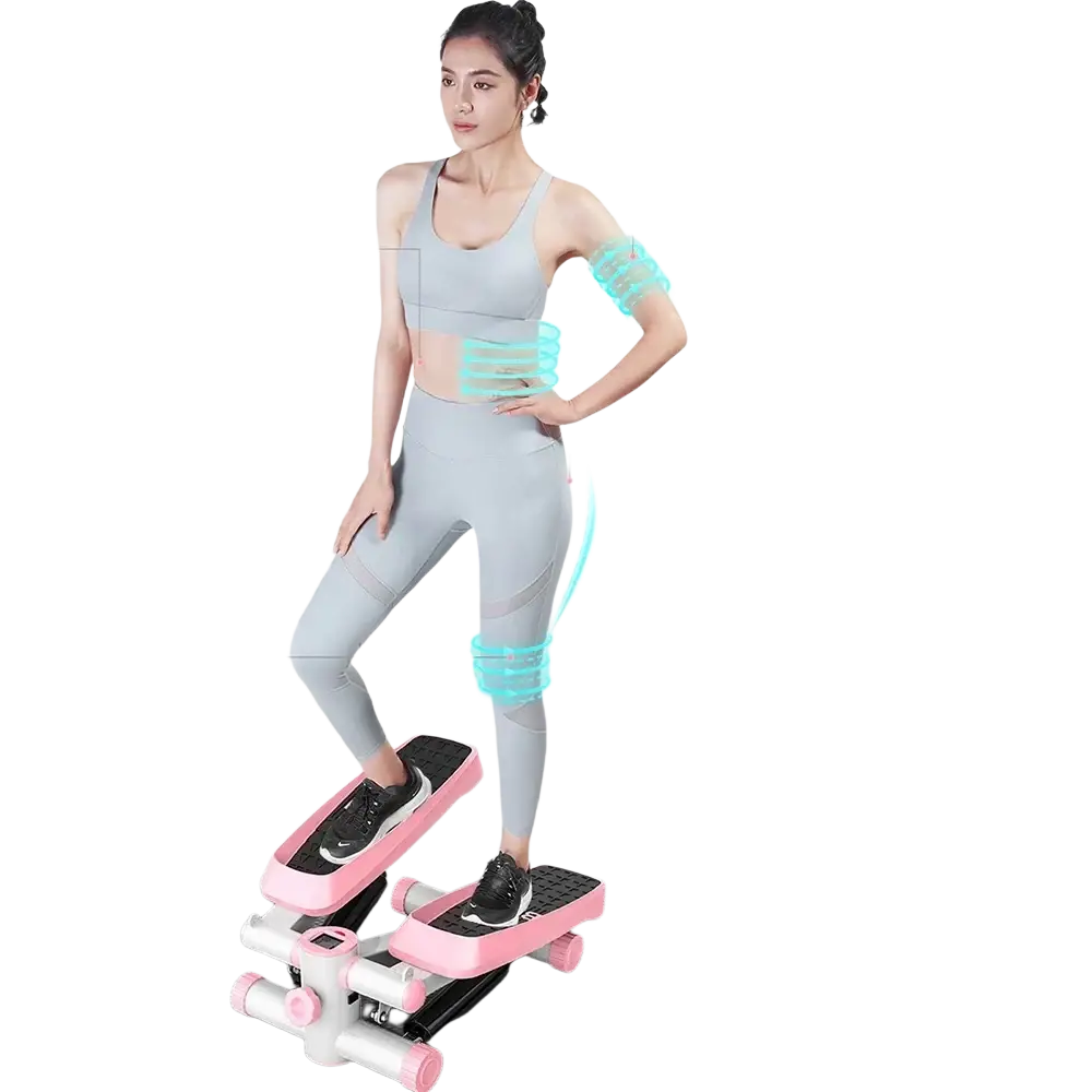 Mini fitness stepper with resistance bands featuring pink and white frame and black footpads for cardio workouts