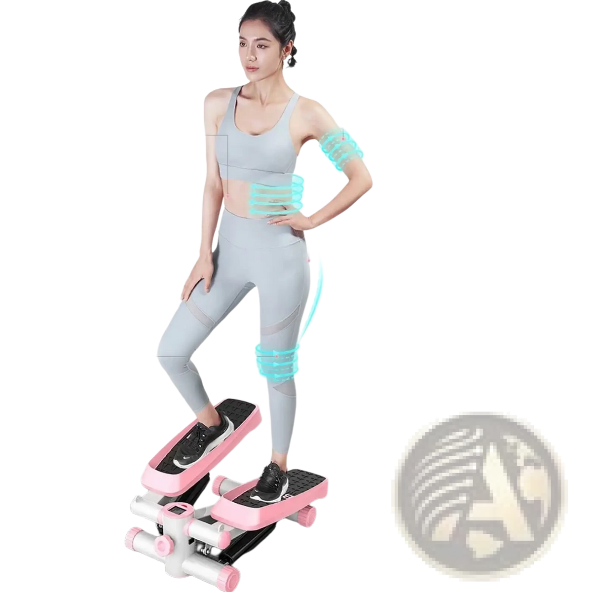 Mini fitness stepper with resistance bands featuring pink and white frame and black footpads for cardio workouts