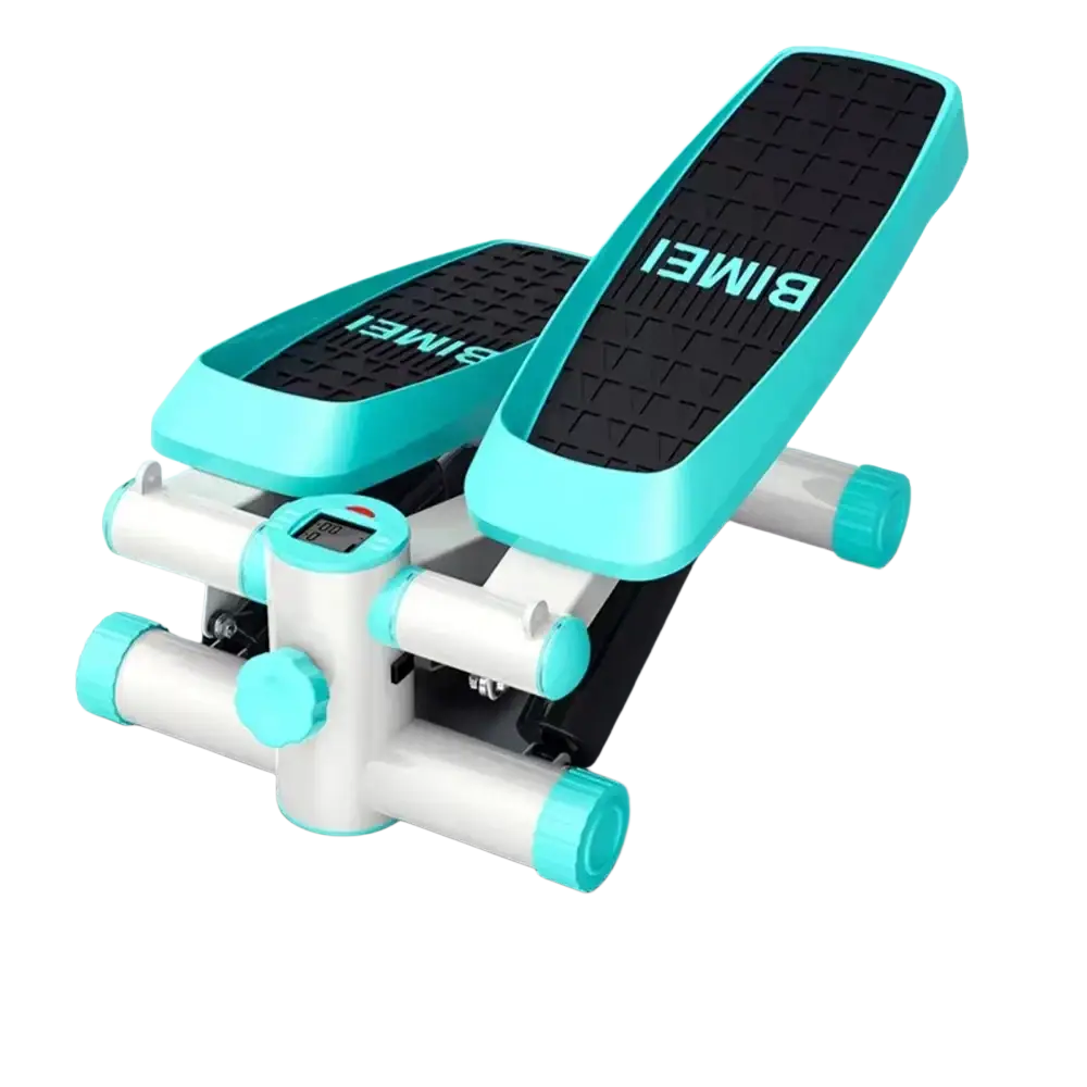 Teal and white bimei mini fitness stepper with black textured footpads and resistance bands for home workouts