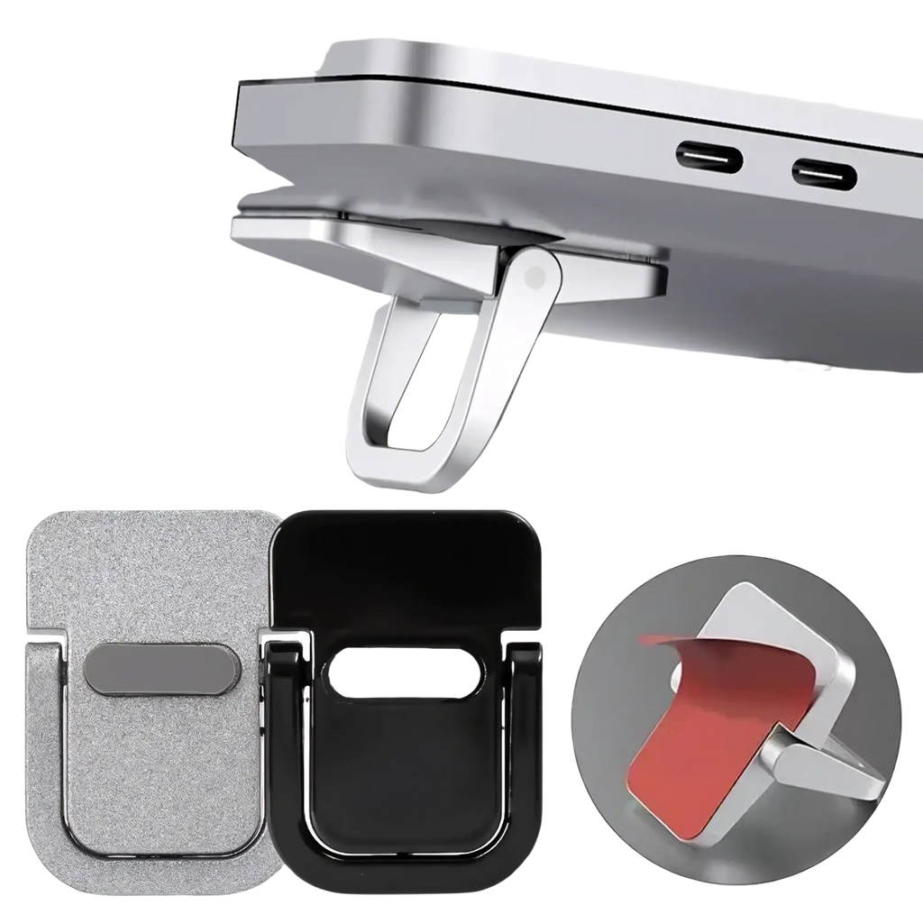 Silver and black magnetic mini foldable laptop stand with a sleek minimalist design for versatile device support