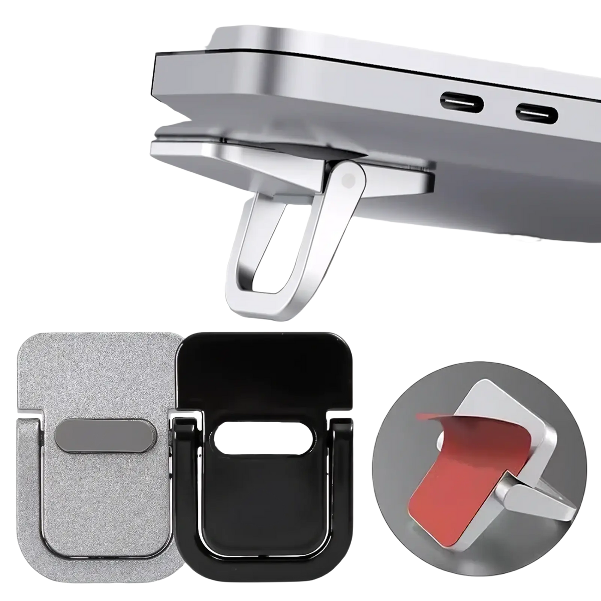Silver and black magnetic mini foldable laptop stand with a sleek minimalist design for versatile device support