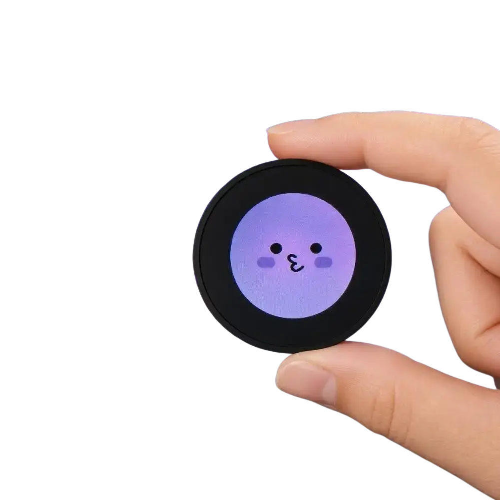 Black circular mini gadget smart desktop companion with purple glowing face display and included data cable