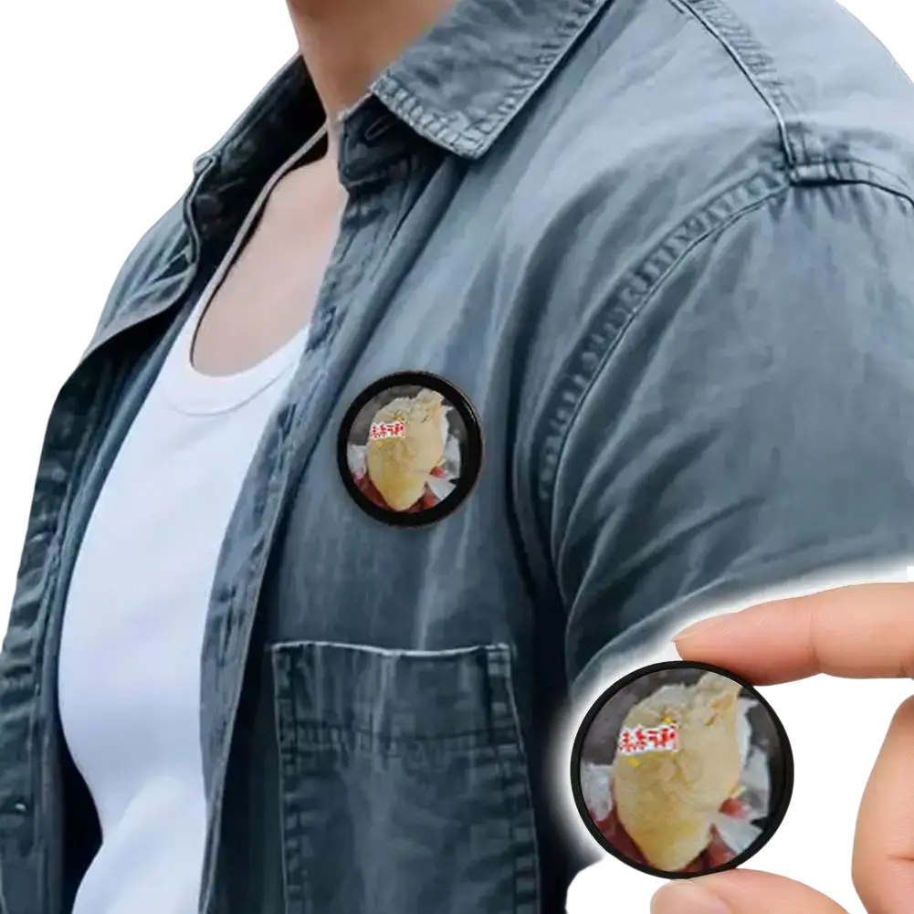 Circular black pin featuring a glossy golden-brown pastry image with red text for mini gadget smart desktop companion data cable
