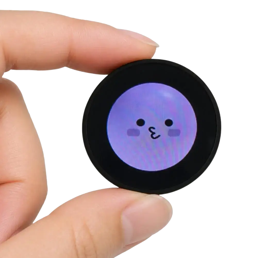Mini gadget smart desktop companion with a black frame and glowing purple screen shown with a data cable