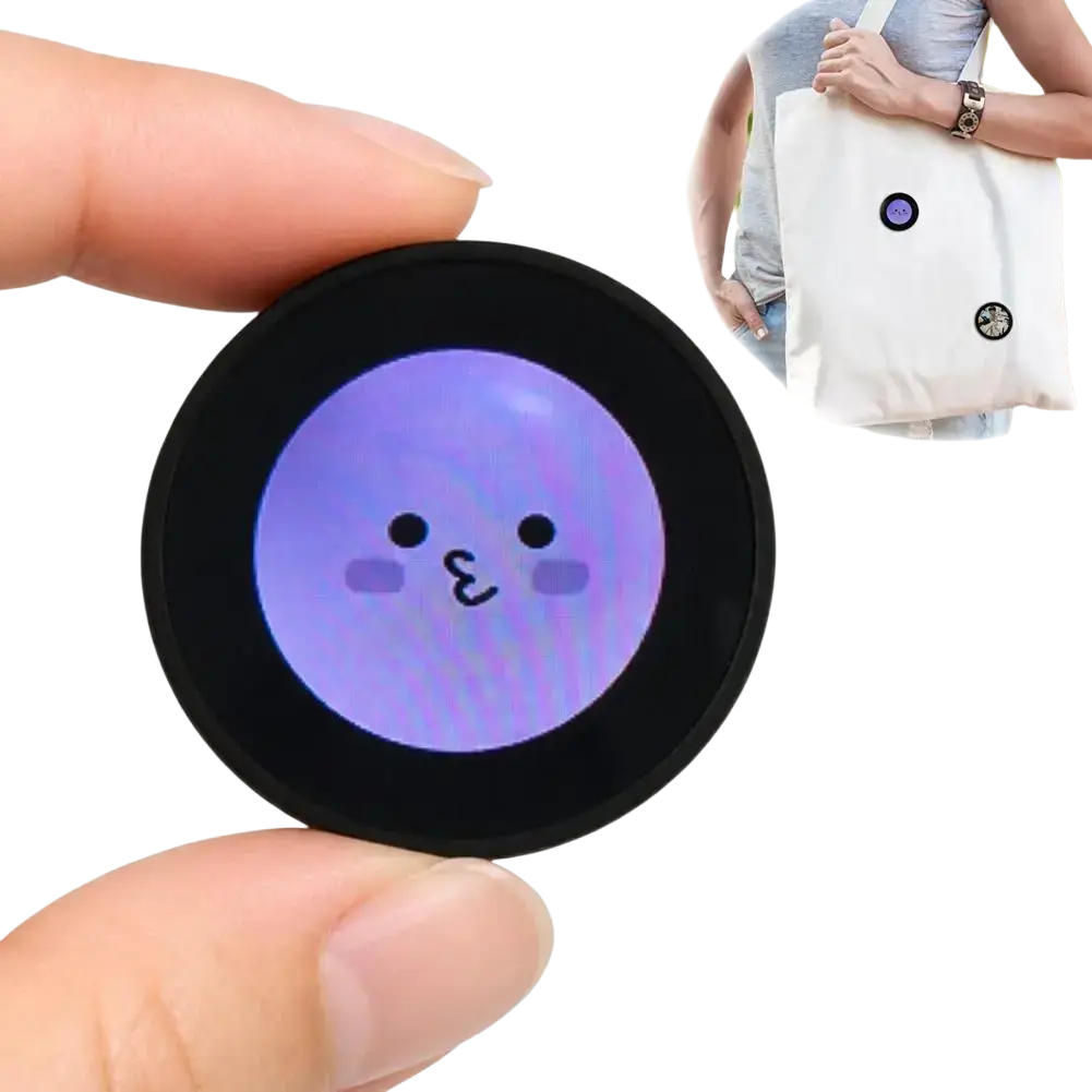 Mini gadget smart desktop companion with round black frame, glowing purple face, cute eyes, rosy cheeks, and data cable