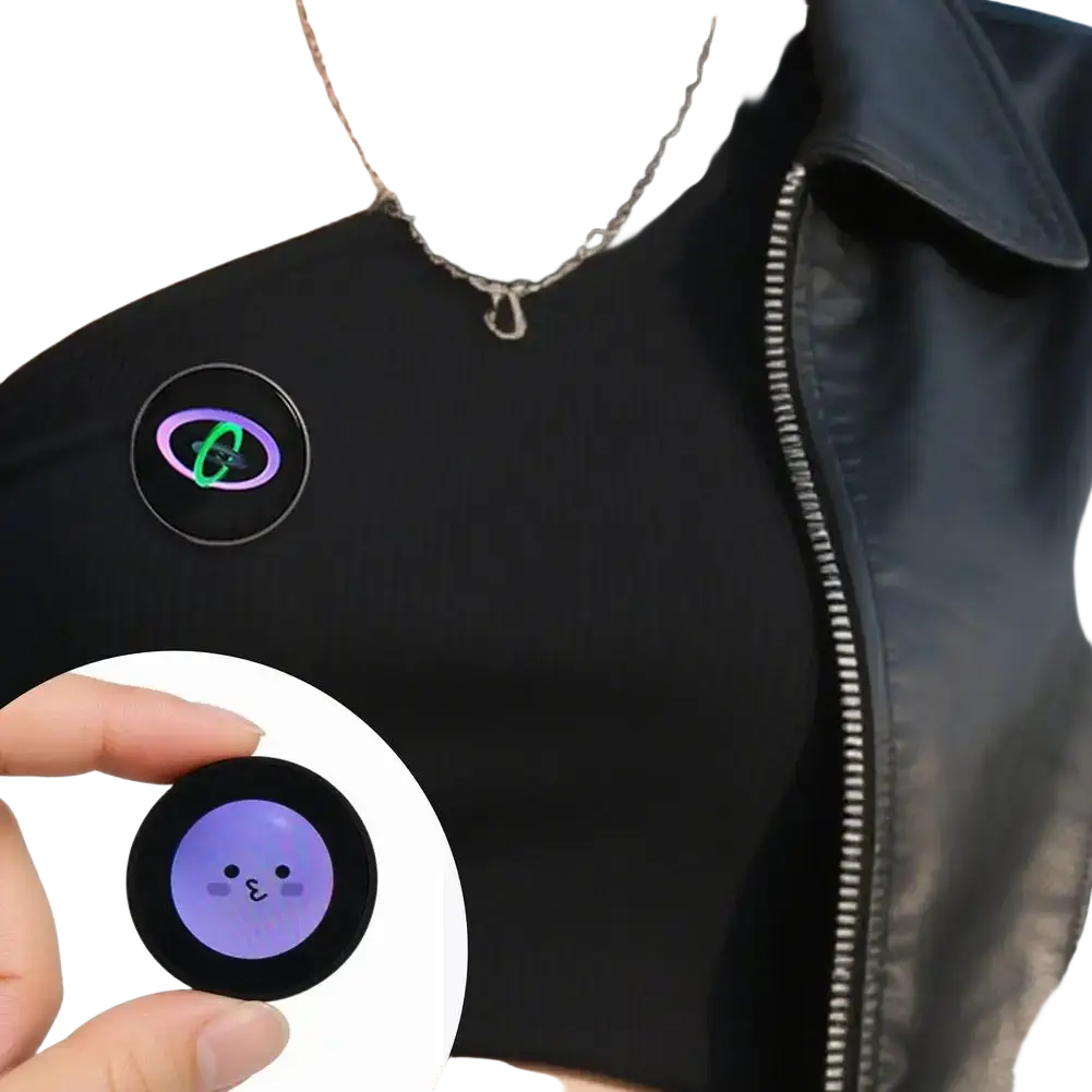 Mini gadget smart desktop companion with black frame, glowing purple face, green orbital design, and data cable included