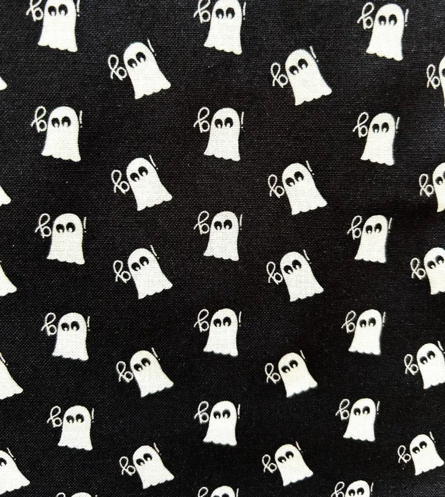 Black fabric mini ghosts retro sleeveless bow blouse featuring white cartoon ghost pattern with cursive boo lettering